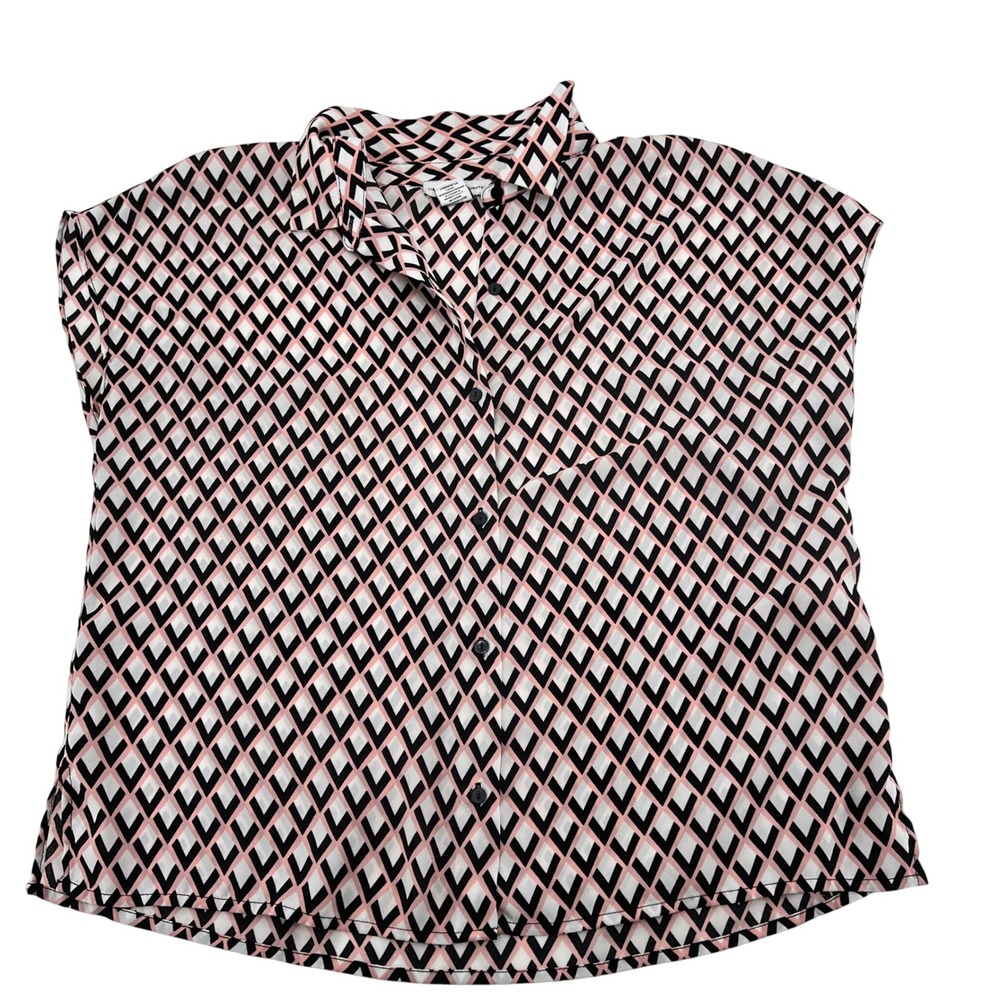 Cupcakes and Cashmere‎ Pink Black Geometric Diamond Button Down Blouse Medium